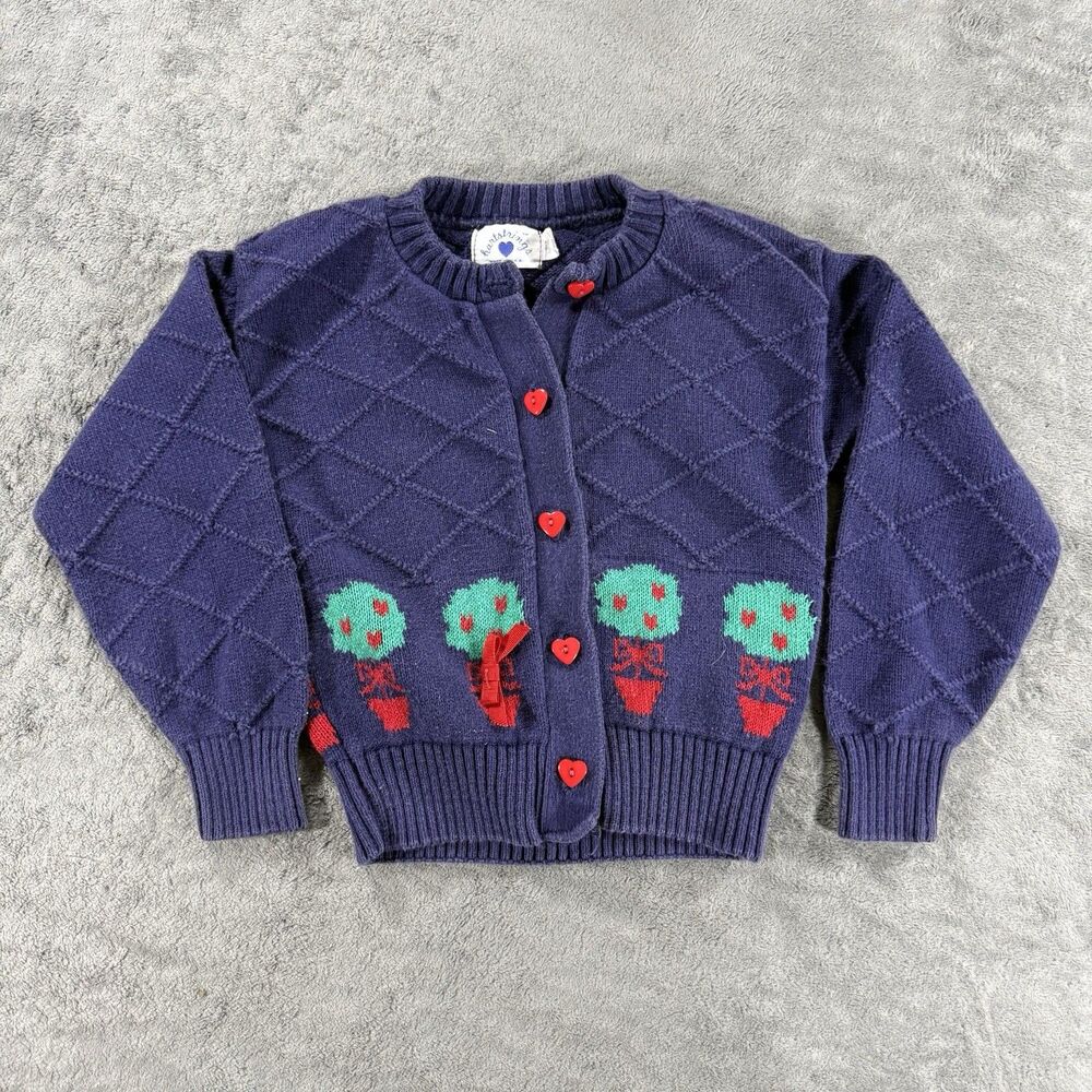 VTG Hartstrings Made In‎ USA Heart Button Front Cardigan Apple Tree Girls 5-6